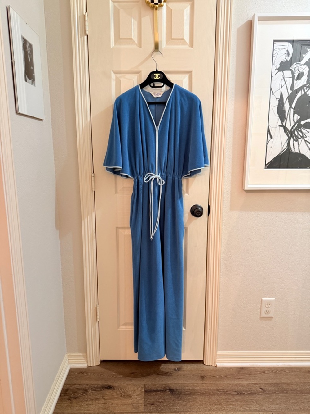 1970’s Vanity Fair Periwinkle Blue Maxi House Coat with Butterfly Sleeves - Picture 5 of 17
